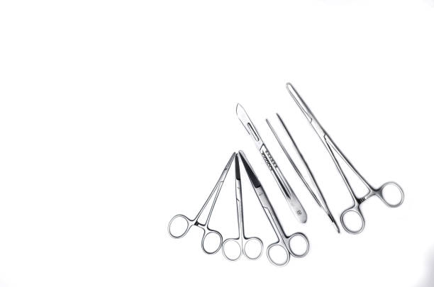 surgical instruments set for surgery on white background